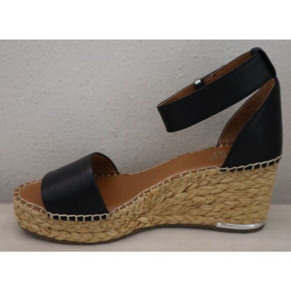 Franco Sarto WMN Sz 8M Black Leather Clemens Raffia Espadrille Wedge Sandals - Picture 5 of 12